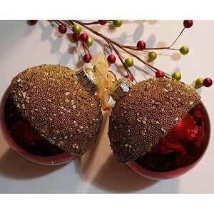 Pair Of Frontgate Glass Christmas Ornaments Red And Gold Beaded Embellished